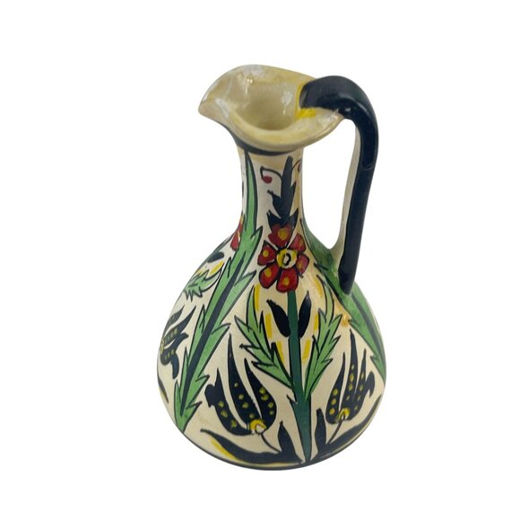 Handmade Greek Ceramic Pitcher With Floral Design Multicolor 7" Tall Signed Numb - Picture 7 of 7